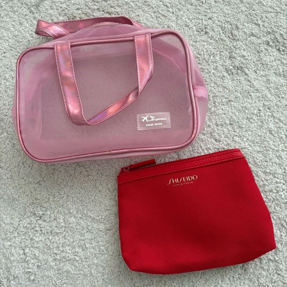 Beauty Cosmetic Travel Bag Set - Pink Transparent & Red